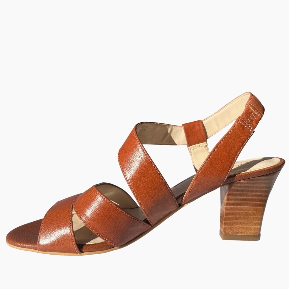 Franco Sarto Leather Block Heel Sandals 7 Cognac Brown - Picture 2 of 8